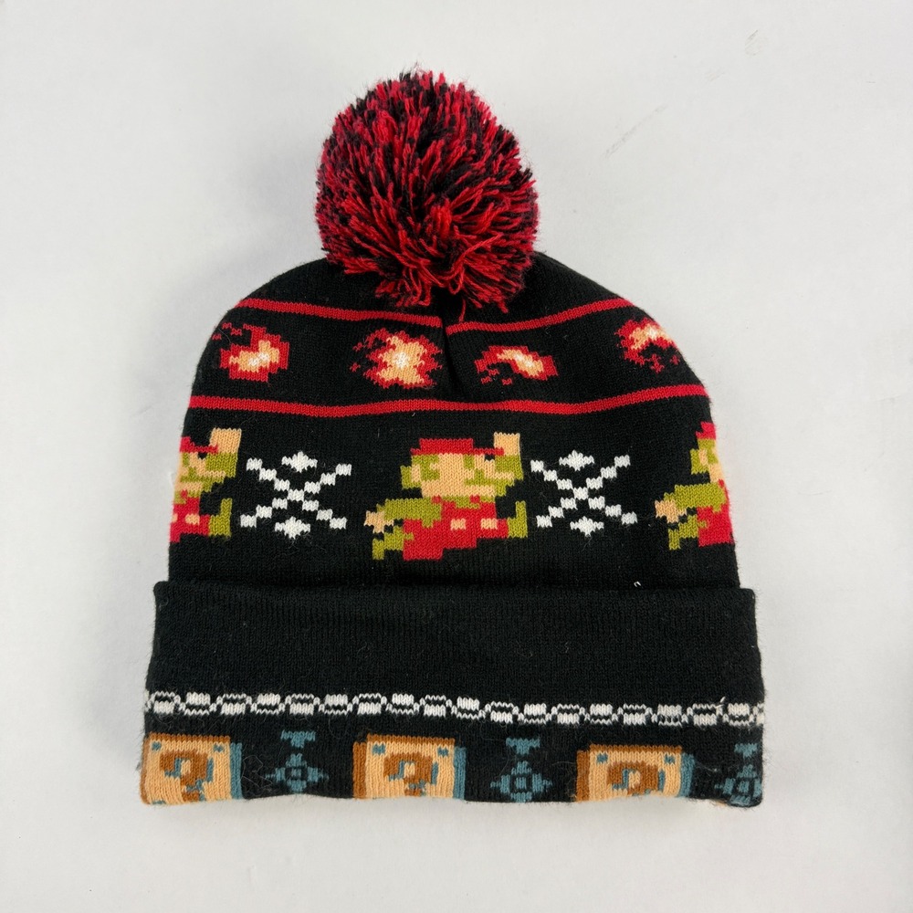 Nintendo Super Mario Bros 8-Bit Pixel Art Knit Pom Beanie Black Red Hat 2018